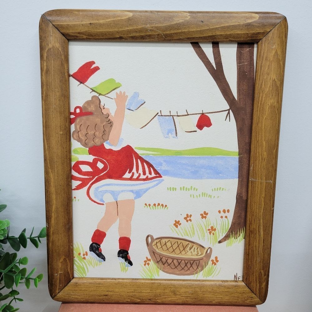 Vintage Framed Folk Art Painting– Girl Hanging Laundry *read Description
